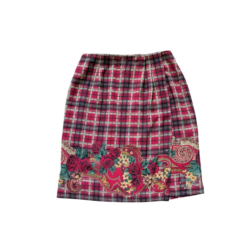 Vintage Casual Corner Tartan A-line Skirt Womens 10 Red Roses Romantic Twee